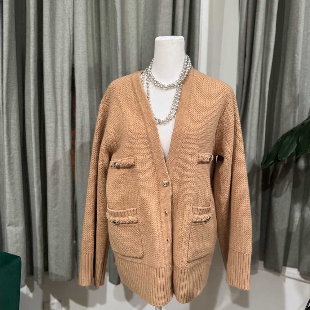 Sandro Tan Cardigan Sweater with V-Neck and Relaxed Fit
